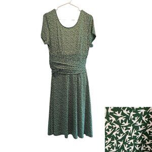 Leota Green Bird Print Dress Fit Flare Tie Scoop Neck Spring Stretch Size Large